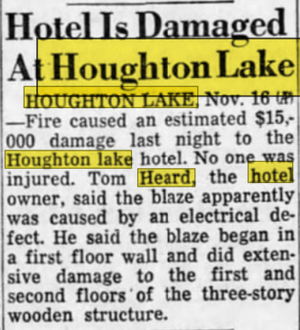 Houghton Lake Hotel (Houghton Lake Tavern, Heards Hotel) - Nov 16 1960 Article (newer photo)